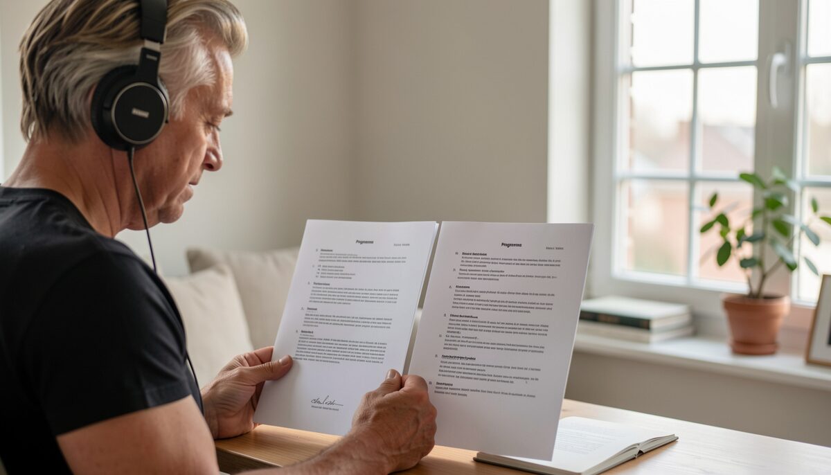 Erwachsener Hörer mit Kopfhörern vergleicht zwei Programmhinweise. Illustratives Bild, mit KI generiert.