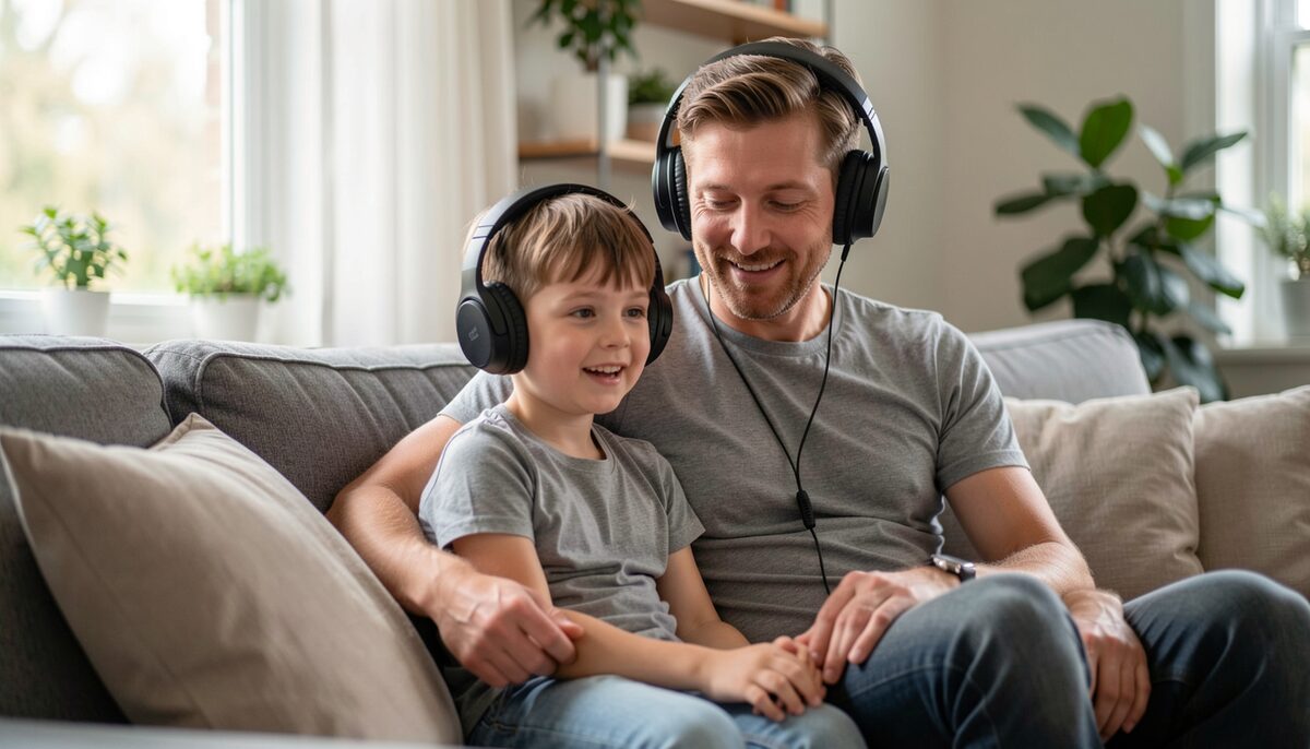 Elternteil und Kind auf dem Sofa mit einem gemeinsamen Kopfhörer. Illustratives Bild, mit KI erzeugt.