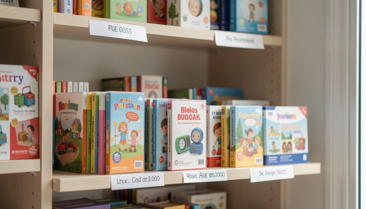 Symbolbild: Ein Regal mit mehreren Kinderhörspielhüllen, die von Hand nach Altersgruppen sortiert und beschriftet wurden. Symbolbild, generiert mit KI.