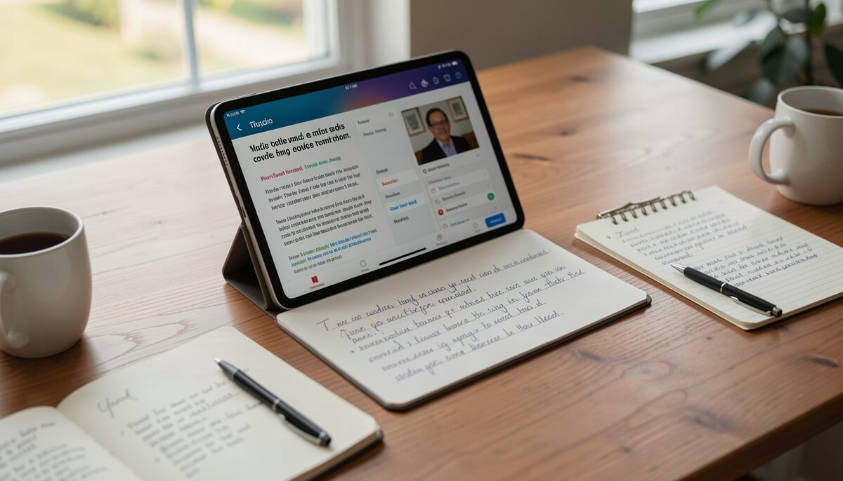 Schreibtisch mit einem Tablet, auf dem eine Audio-Lektion läuft, daneben handgeschriebene Notizen zum Inhalt. Illustratives Bild, generiert mit KI.