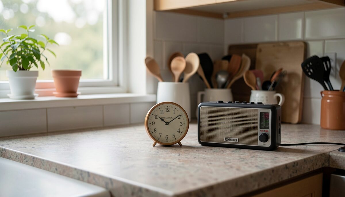Familienküche mit kleiner Uhr und Küchenradio im Nachmittagsritual. Illustratives Bild, mit KI erzeugt.