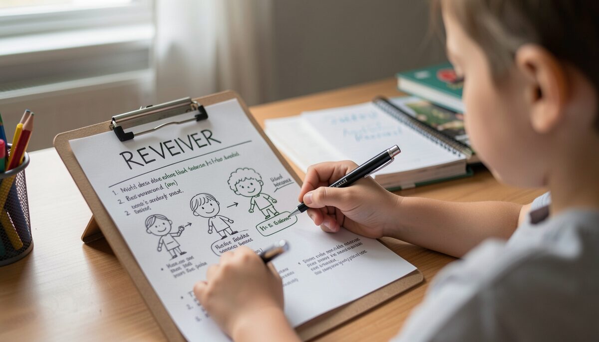 Prüferin notiert Kriterien auf einem Klemmbrett, während sie ein Kinderhörspiel am Schreibtisch anhört. Illustratives Bild, generiert mit KI.