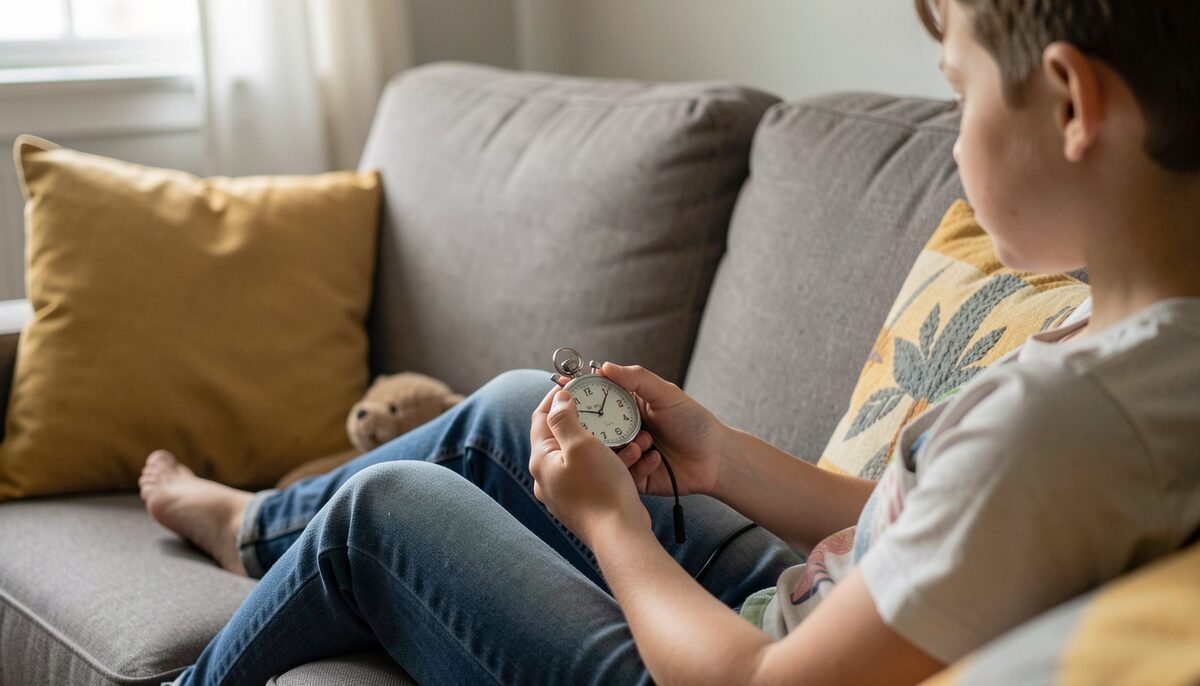 Symbolfoto: Person mit Stoppuhr auf dem Sofa beim Hören eines Kinderhörspiels. Illustratives Bild, mit KI erzeugt.
